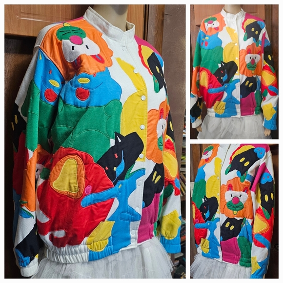 VTG Lilies From The Pond Abstract Animal Art Novelty Patchwork Med Coat Jacket - Picture 11 of 11
